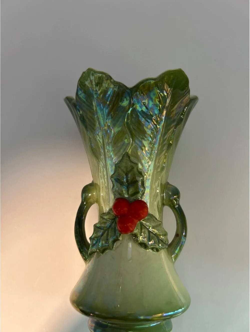 Vintage 1950s Holly Berries & Leaves Ceramic Bud Vase – Green Iridescent Glaze